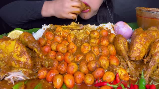 ASMR Eating Indian food 🤤 Lots of eggs🥚 chicken🍗 spicy curry🔥🥵 with rice