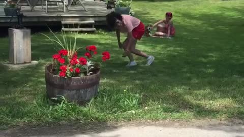Skateboarder makes abrupt stop, drop and roll