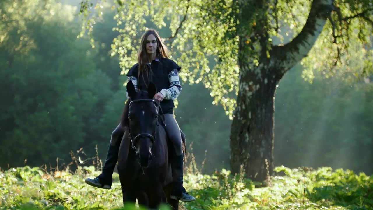 Beautiful girl with long hair rides a horse in the forest