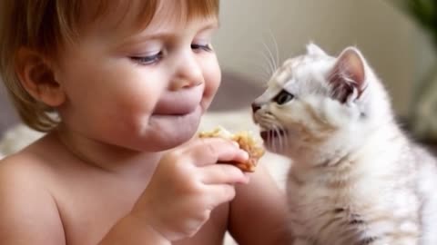 Baby feeds cat
