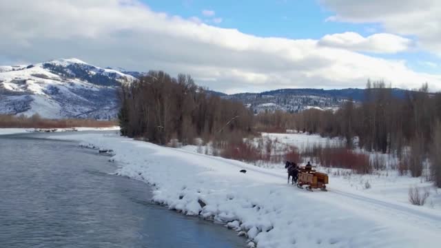 Horse and carriage follow dog alongside river and snow covered mountains