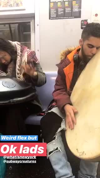 Two guys playing odd instruments on train