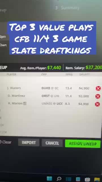 Dreams Top Value plays for CFB 11/4 3 game slate!