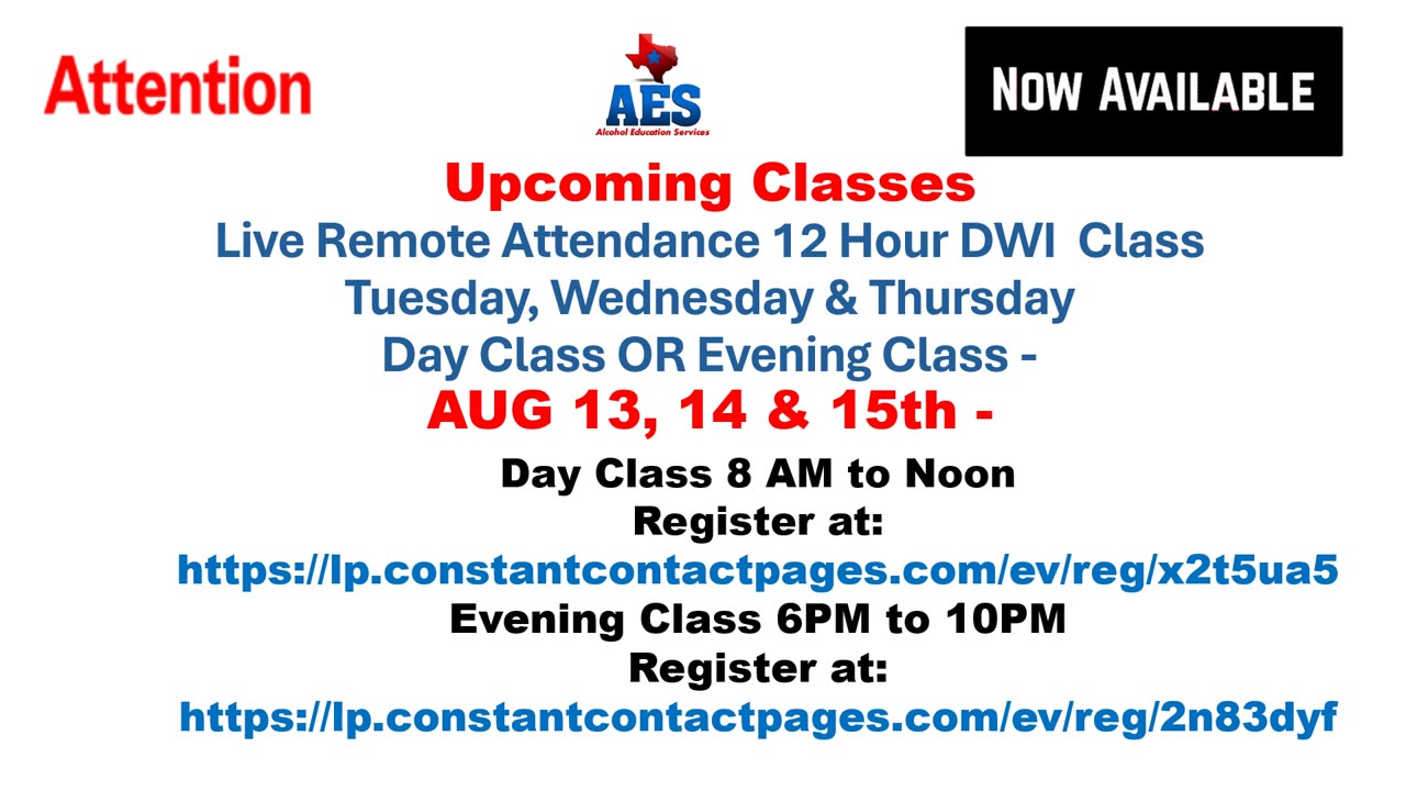 UPCOMING DWI CLASS FOR THIS WEEK AND WEEKEND