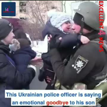 Ukrainian police officer says goodbye to distraught Son