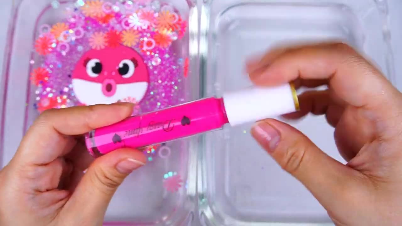 Baby shark family slime mixing random cute, shiny things into slime asmr