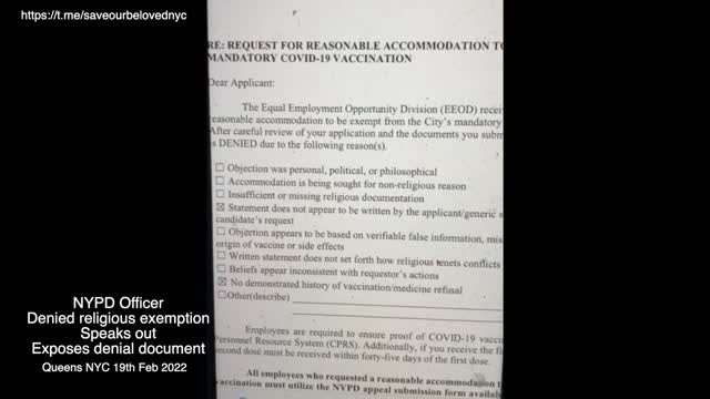 NYPD Officer Shows vax exemption denial letter, change of wording on form