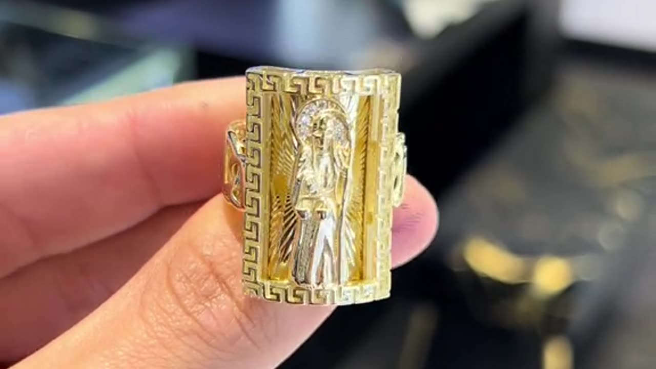 Real Gold Santa Muerte Greek Design Chino Link Ring