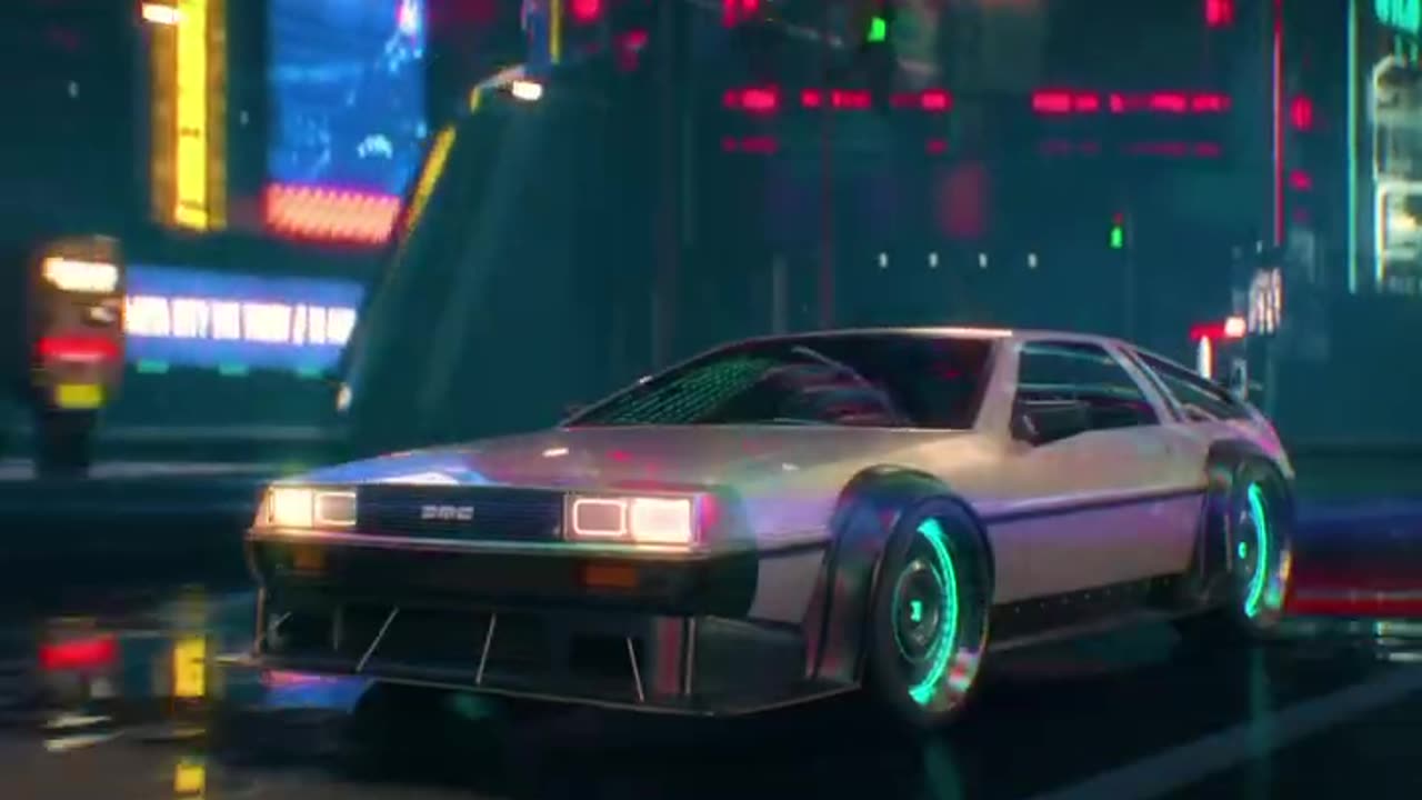 DeLorean DMC-12 cruising through the neon-lit streets of a cyberpunk city #delorean #dmc #cyberpunk