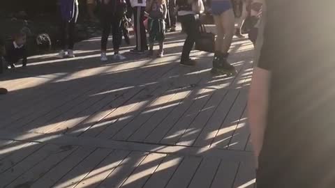 Three guys in underwear almost accidentally skateboard into little girl