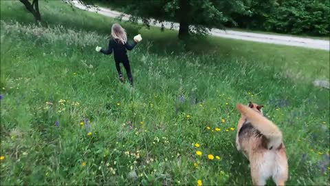 Girl and Dog Running in Grass Field 1#