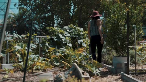 Woman walks through a garden