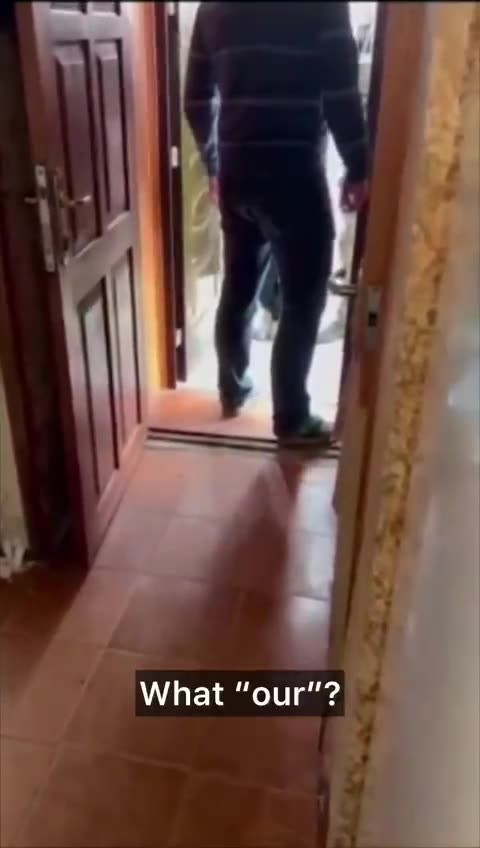 Two Russian armed soldiers and a civilian woman go from house to house