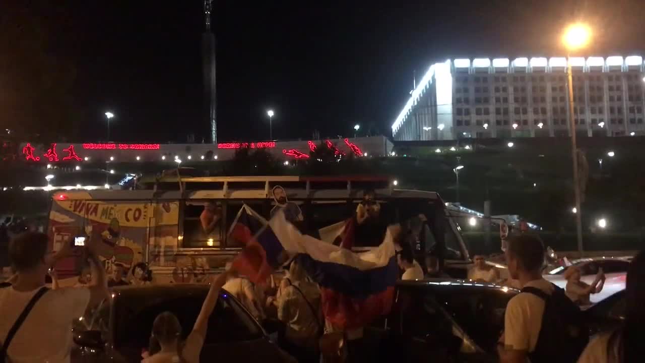 Celebration of the victory of the Russian national football team over Spain on the streets of Samara