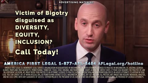 Stephen Miller / America First Legal / Are you a victim of anti-white DEI racism? Call now.