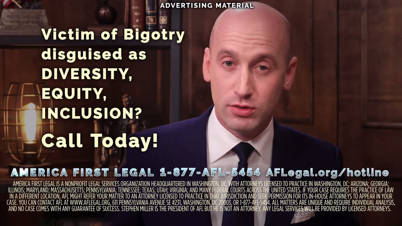 Stephen Miller / America First Legal / Are you a victim of anti-white DEI racism? Call now.