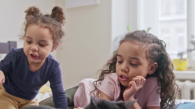 Kids Petting Their Cat On The Bed--FH