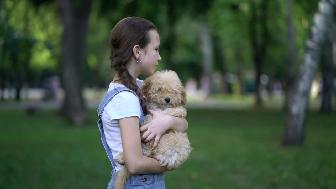 Child girl playing with a toy poodle dog outdoors