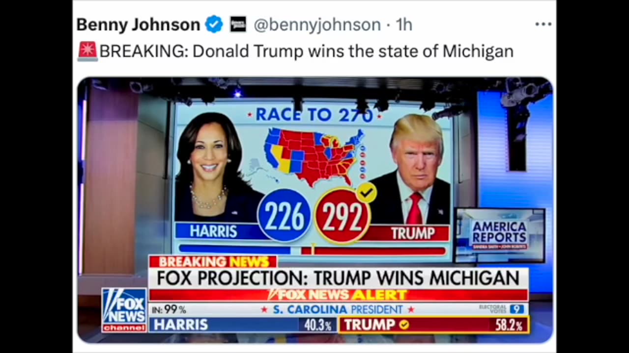 TRUMP Takes Michigan, Picks Up More Electoral Votes, Now At 292 vs Harris' 226