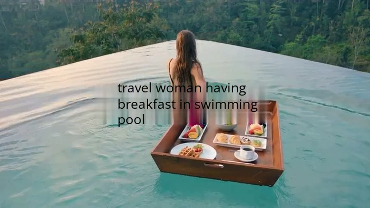 travel woman having breakfast in swimming pool