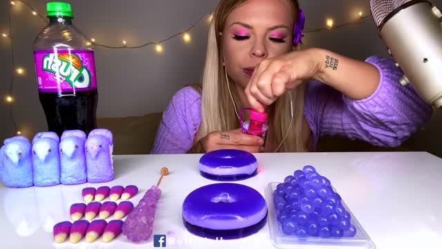 ASMR *PURPLE FOOD* JELLY DONUT, PEEPS, CANDY CORN, POPPING BOBA, ROCK CANDY, GRAPE CRUSH MUKBANG 먹방