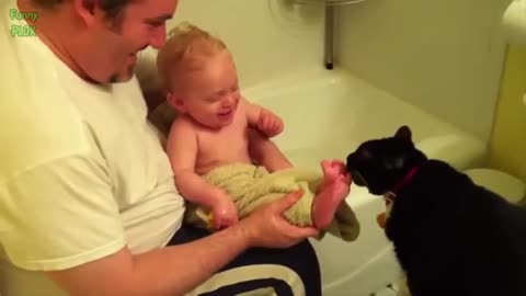 Funny baby laughing hysterically at cats compilation