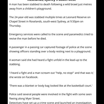 24 Year Old Man Stabbed To Death During Brawl In Roselands, Sydney's South-west