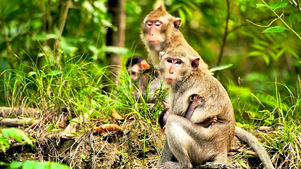 Monkey looking after its young baby in Khao Kaew open zoo, Srichara Province.