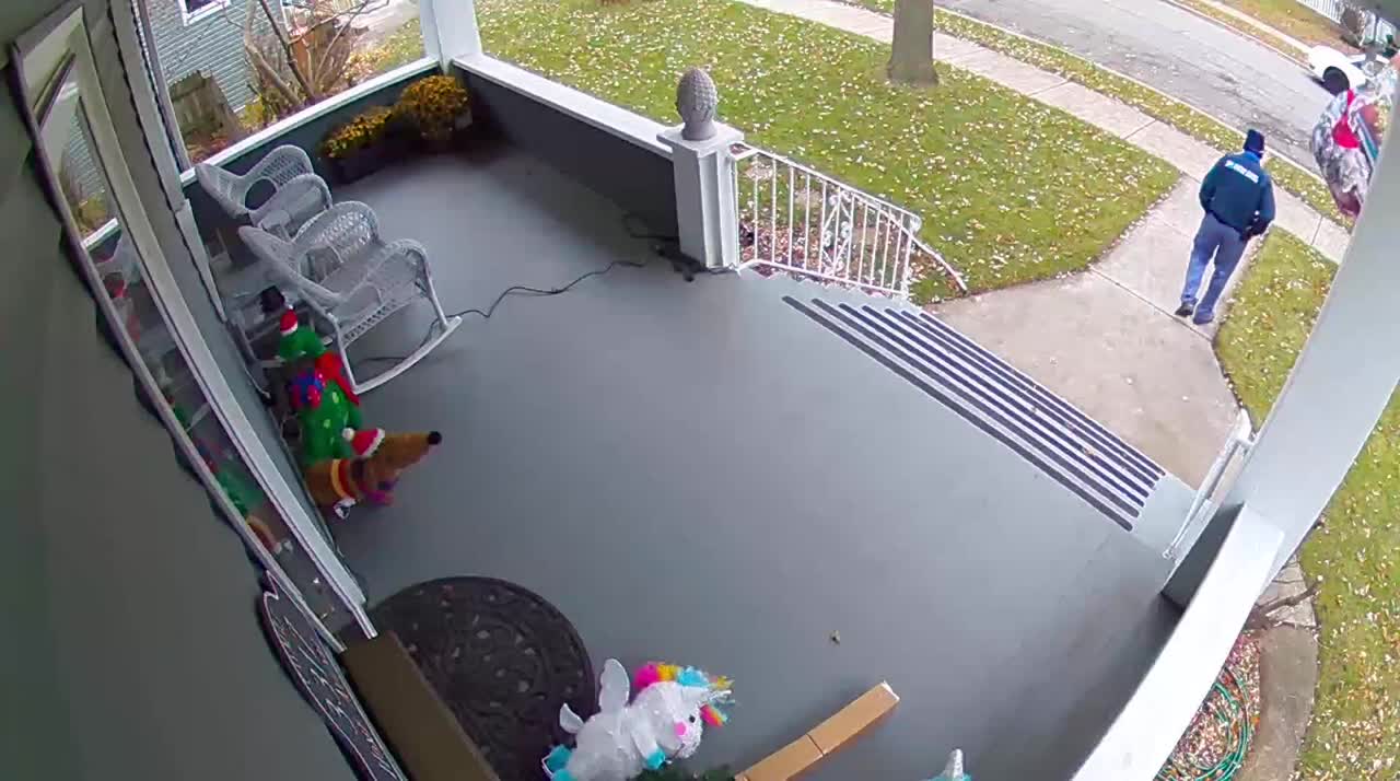 Postman Throws Package on Porch and Knocking Over Unicorn Christmas Decoration