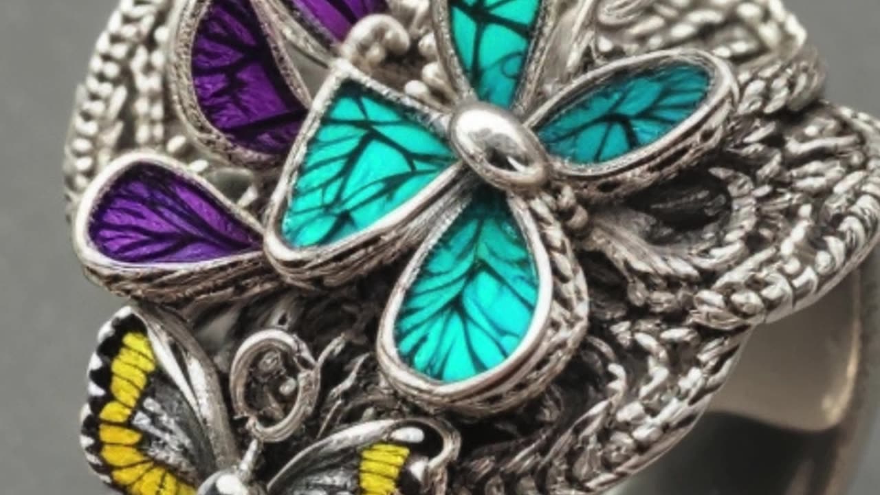 A silver ring with small multi-colored crochet ..