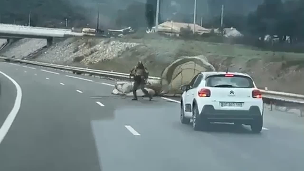 French Paratrooper Soldier Lands on Highway