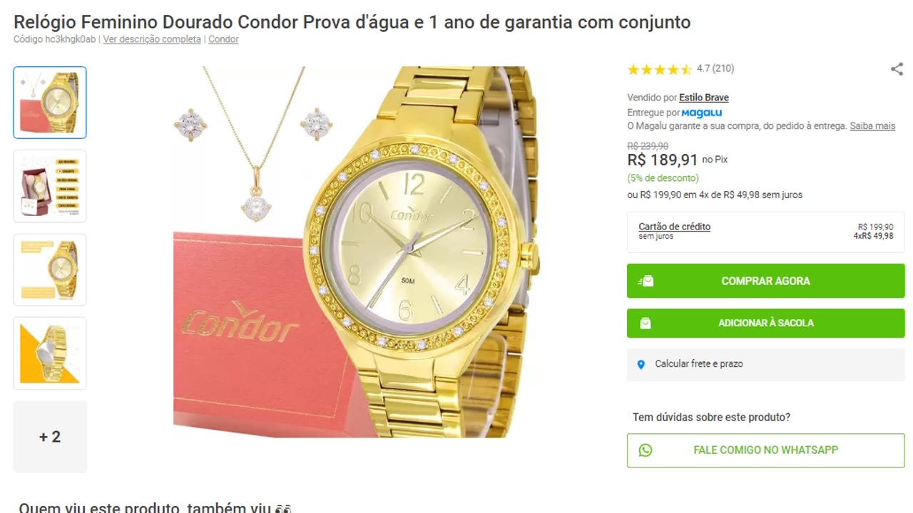 Relógio Feminino Dourado Condor Prova d'água e 1 ano de garantia com conjunto