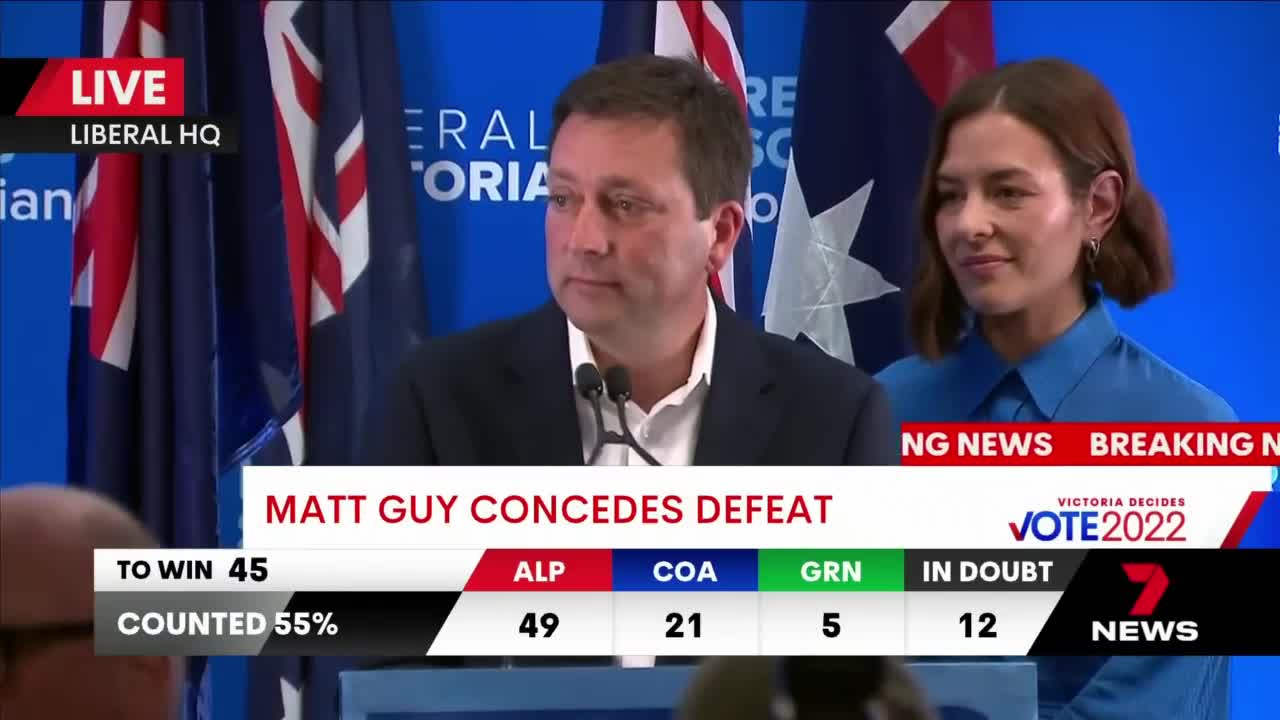 Victoria Liberal leader Matthew Guy concession speech | 7NEWS