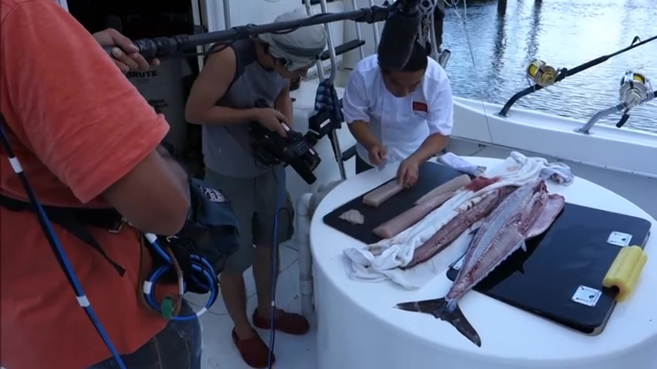 Making Sashimi for Japanese TV on the boat !