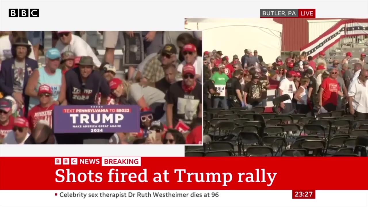 Moment Donald Trump was rushed off stage after shots fired at rally | BBC News