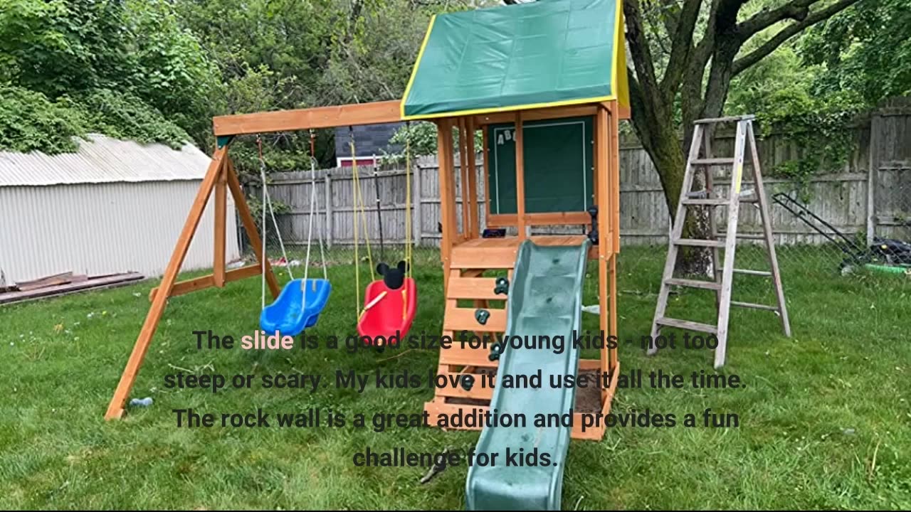 Read Detailed Review: KidKraft Appleton Wooden Swing Set/Playset with Swings, Slide, Rock Wall,...