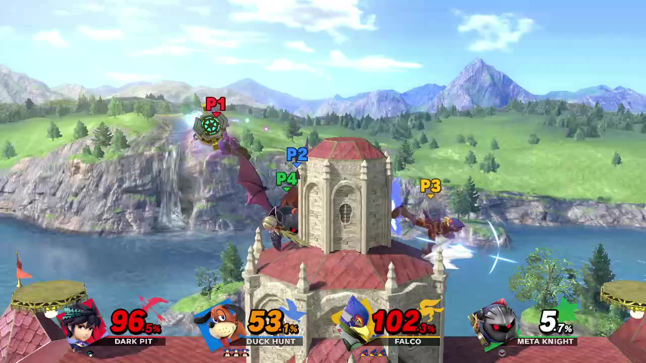 Dark Pit Vs Duck Hunt Vs Falco Vs Meta Knight on Princess Peach's Castle (Super Smash Bros Ultimate)