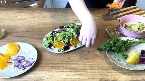 Light and healthy salad with beets and tangerines in spicy sauce