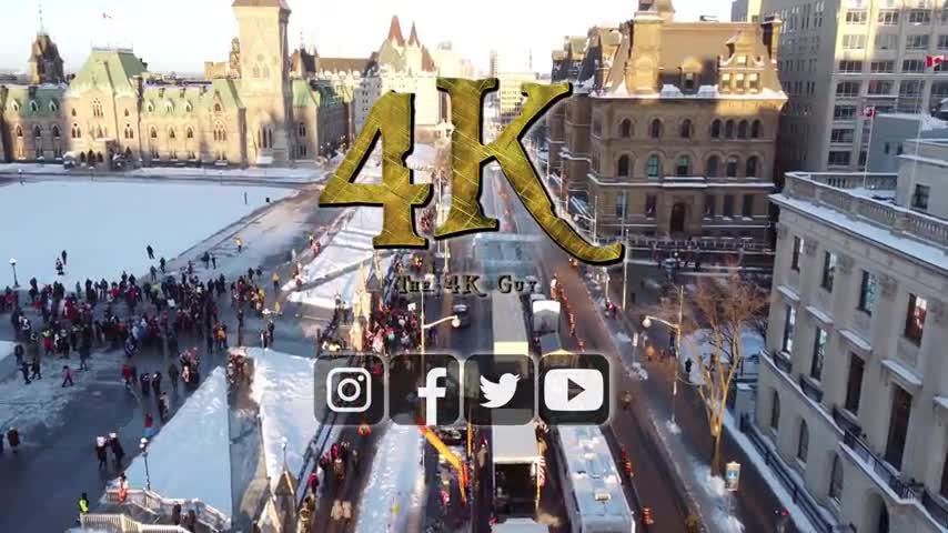 Ottawa: Drone view of freedom convoy truck rally at Parliament of Canada 1-28-2022