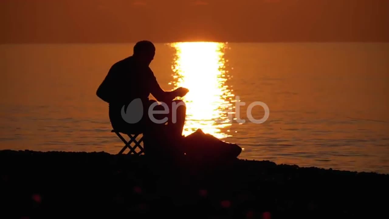 #Sea#Fishing#River#Fish Silhouette Of A Fisherman Sitting On The Beach