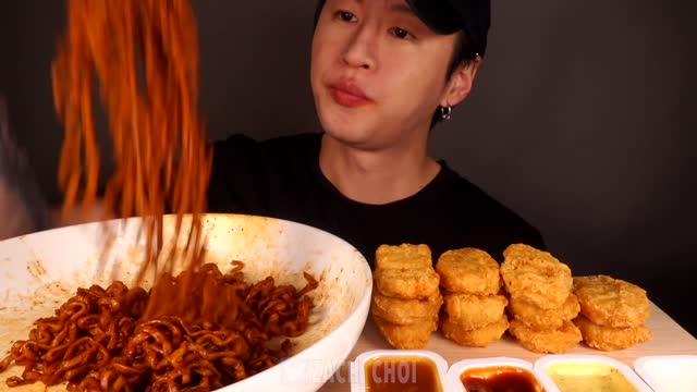 ASMR MUKBANG BLACK BEAN FIRE NOODLES & CHICKEN NUGGETS (No Talking) EATING SOUNDS