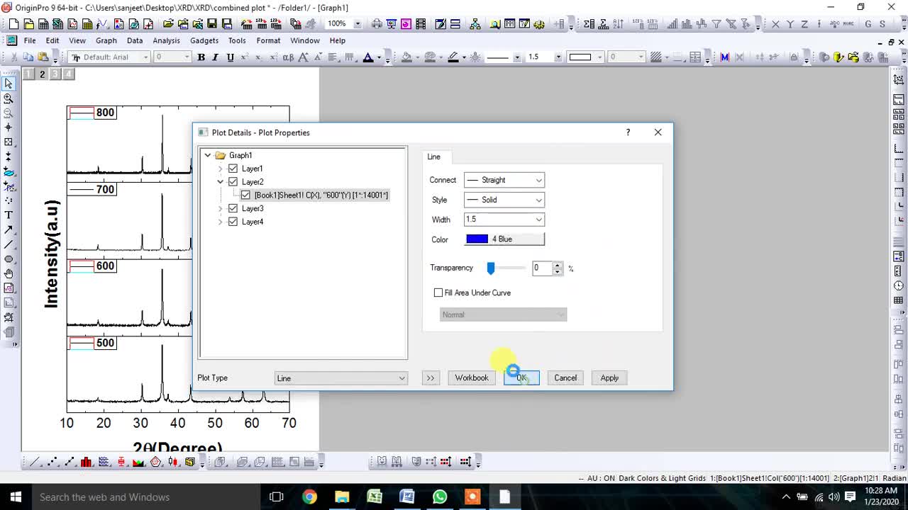 Merge XRD Pattern in one plot using origin Software