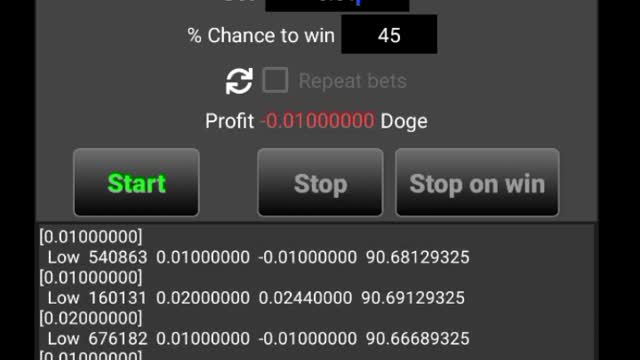 Bet Set Fibonacci in Dogecoin