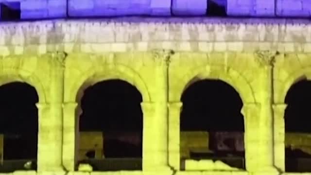 The Roman Colosseum was lit up with blue and yellow in solidarity with Ukraine