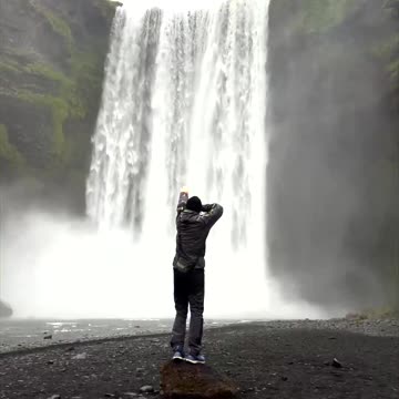 Drone aerial photography of Skogafoss waterfall in southern Iceland