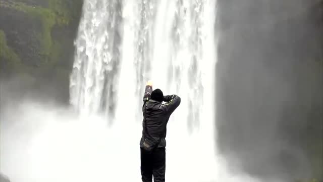 Drone aerial photography of Skogafoss waterfall in southern Iceland