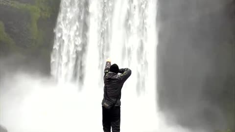 Drone aerial photography of Skogafoss waterfall in southern Iceland