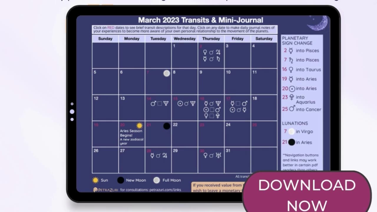 March 2023 Astrology Transit Calendar and Journal