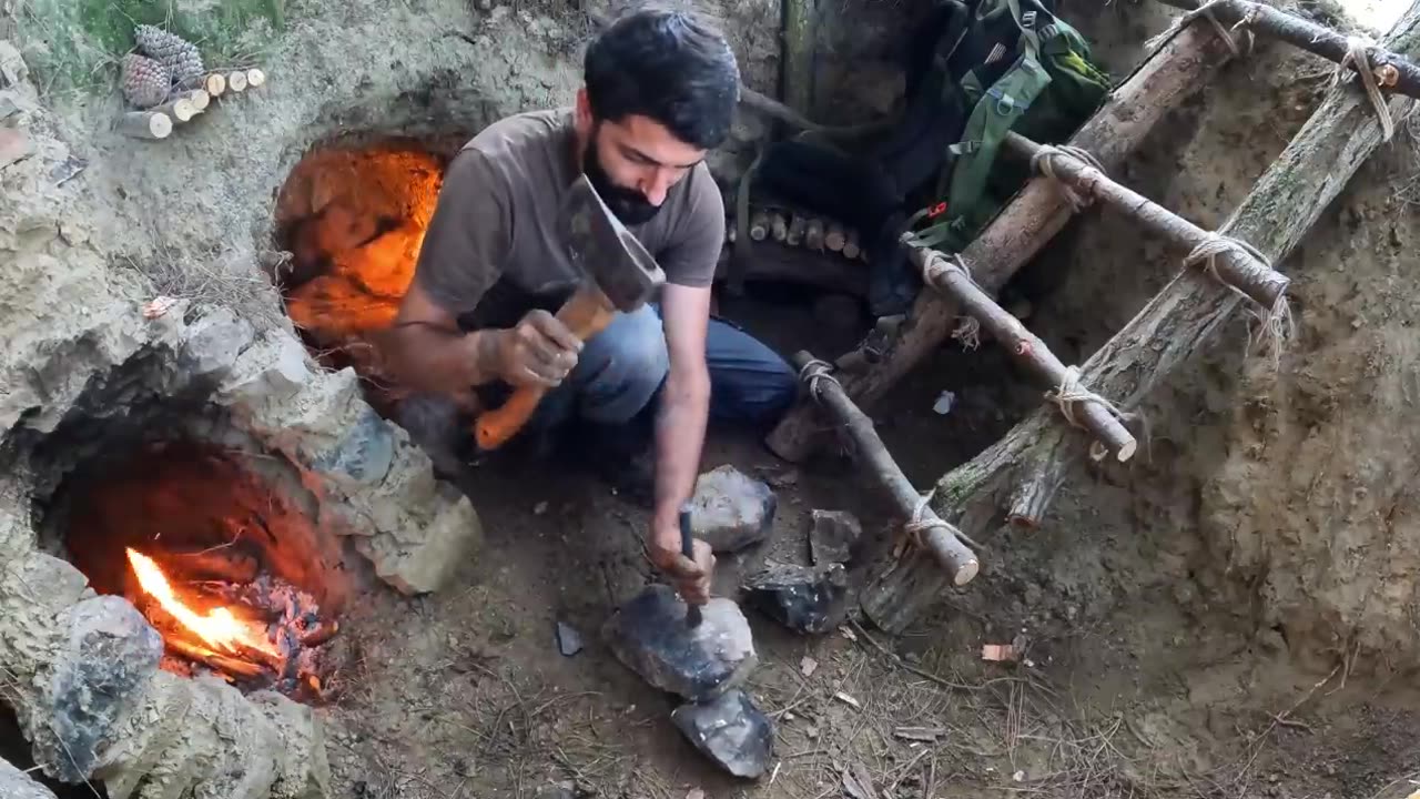 Building UNDERGROUND Bushcraft Shelter for SURVIVAL 5 DAYS. Fireplace Mushroom Cooking. Camping ASMR