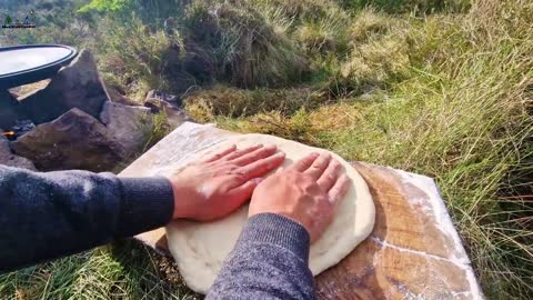 Pizza Recipe with Chicken Bacon and Chilli outdoor cooking on open Fire ASMR Cooking